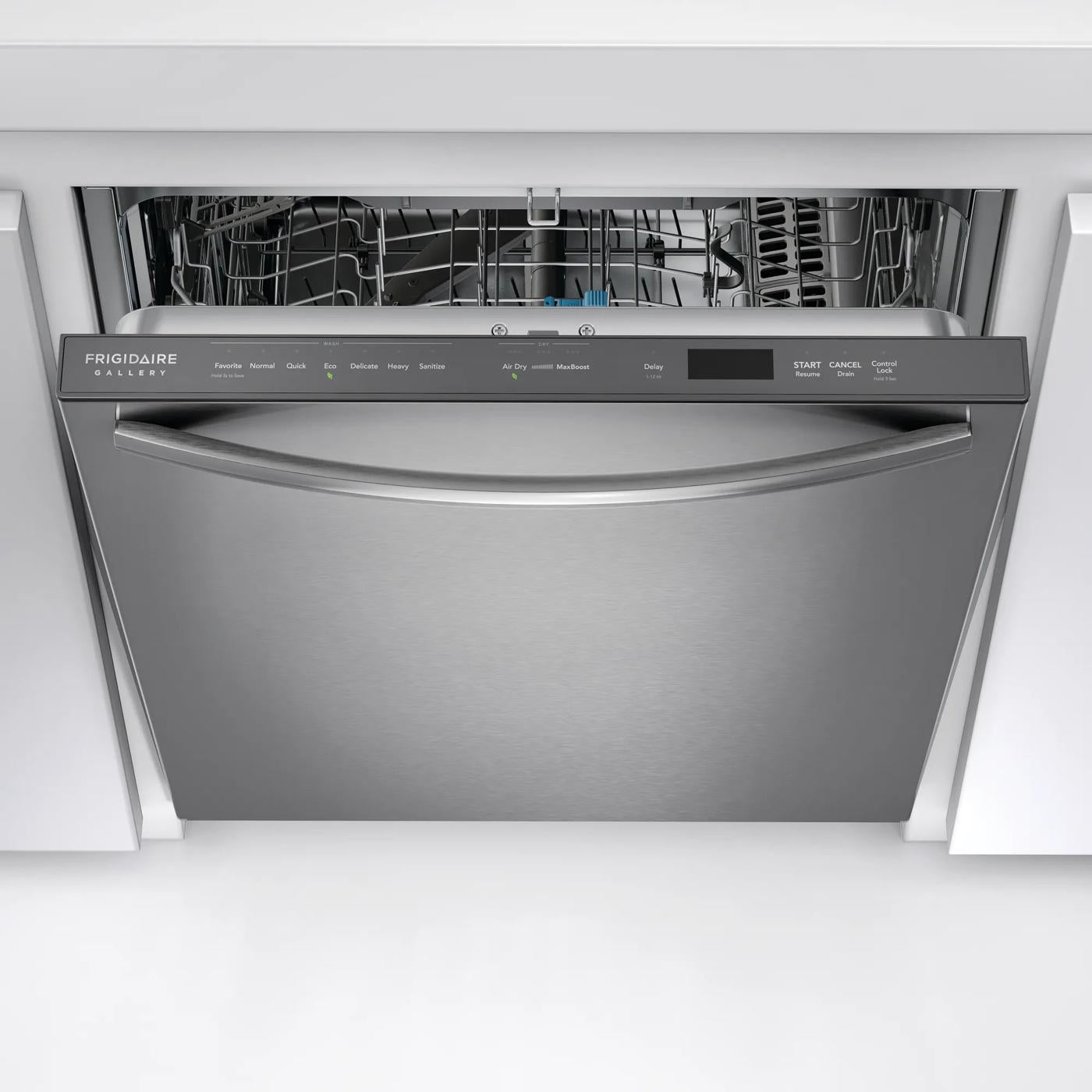 Built-in stainless steel dishwasher with open door and visible control panel from kitchen appliances collection