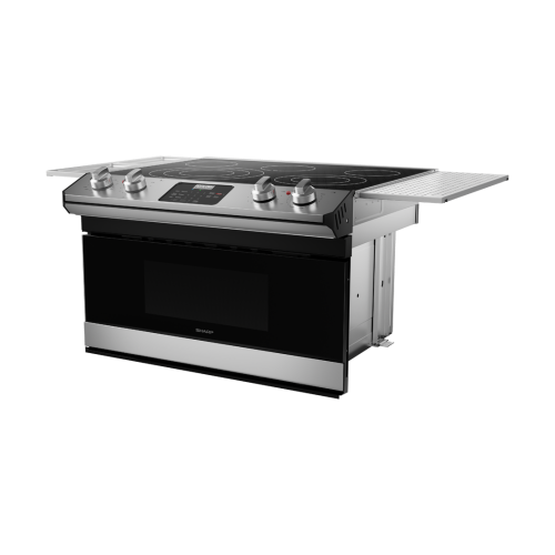 Black and stainless steel smart electric cooktop with five heating elements and microwave drawer, part of cooktops collection