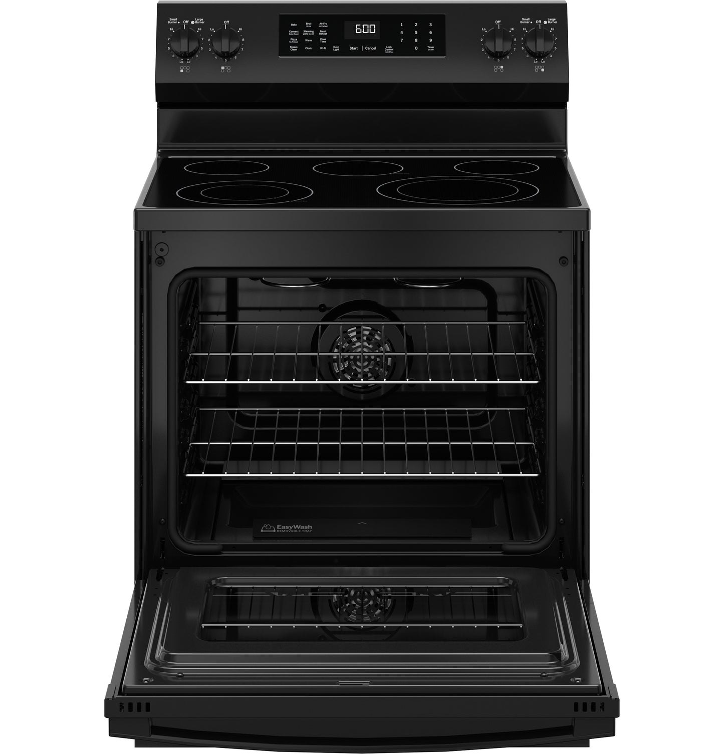 Black free-standing electric convection range with smooth cooktop, digital controls, and open oven door for kitchen appliances collection