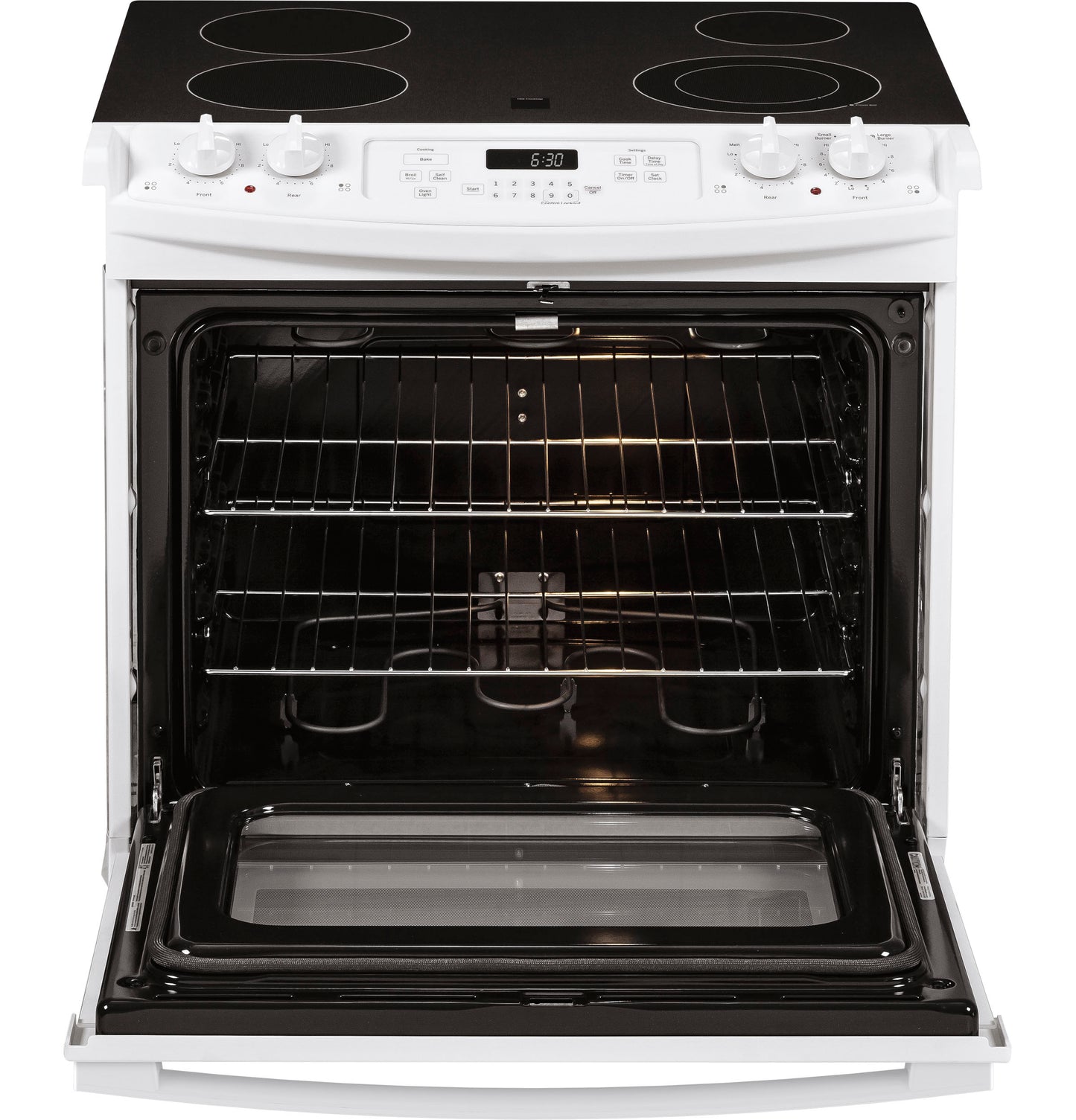 White drop-in electric range with smooth cooktop, control knobs, digital display, and open oven door in appliances collection