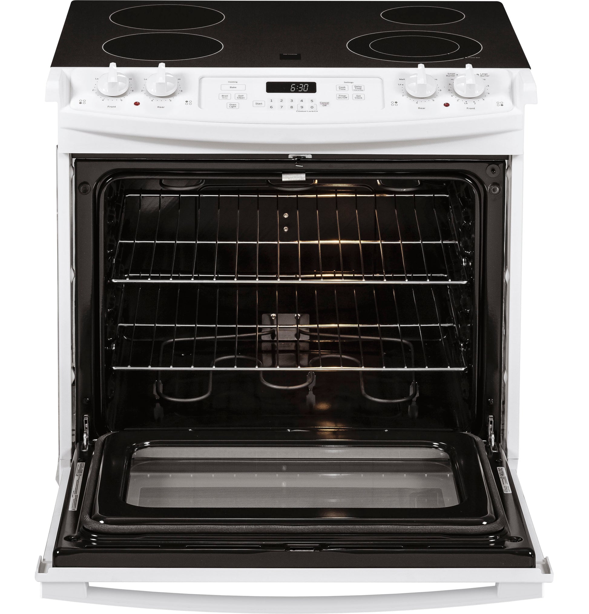 White drop-in electric range with smooth cooktop, control knobs, digital display, and open oven door in appliances collection