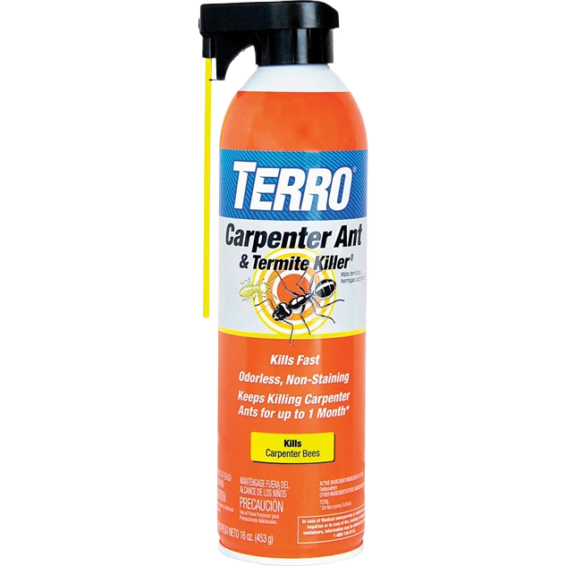 Orange and white Terro spray can for indoor and outdoor insect and pest control in lawn and garden projects