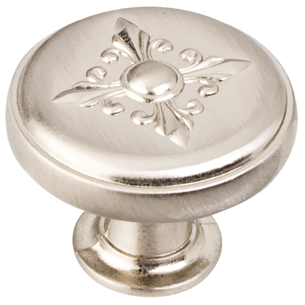 Satin nickel zinc cabinet knob with decorative fleur-de-lis design for furniture hardware and home improvement under $50