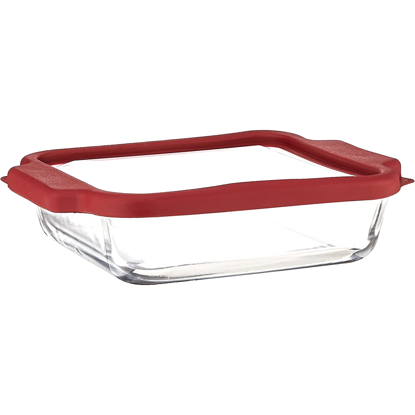 Clear glass bakeware dish with snug-fitting red plastic lid for kitchenware and bakeware storage under $50 collection
