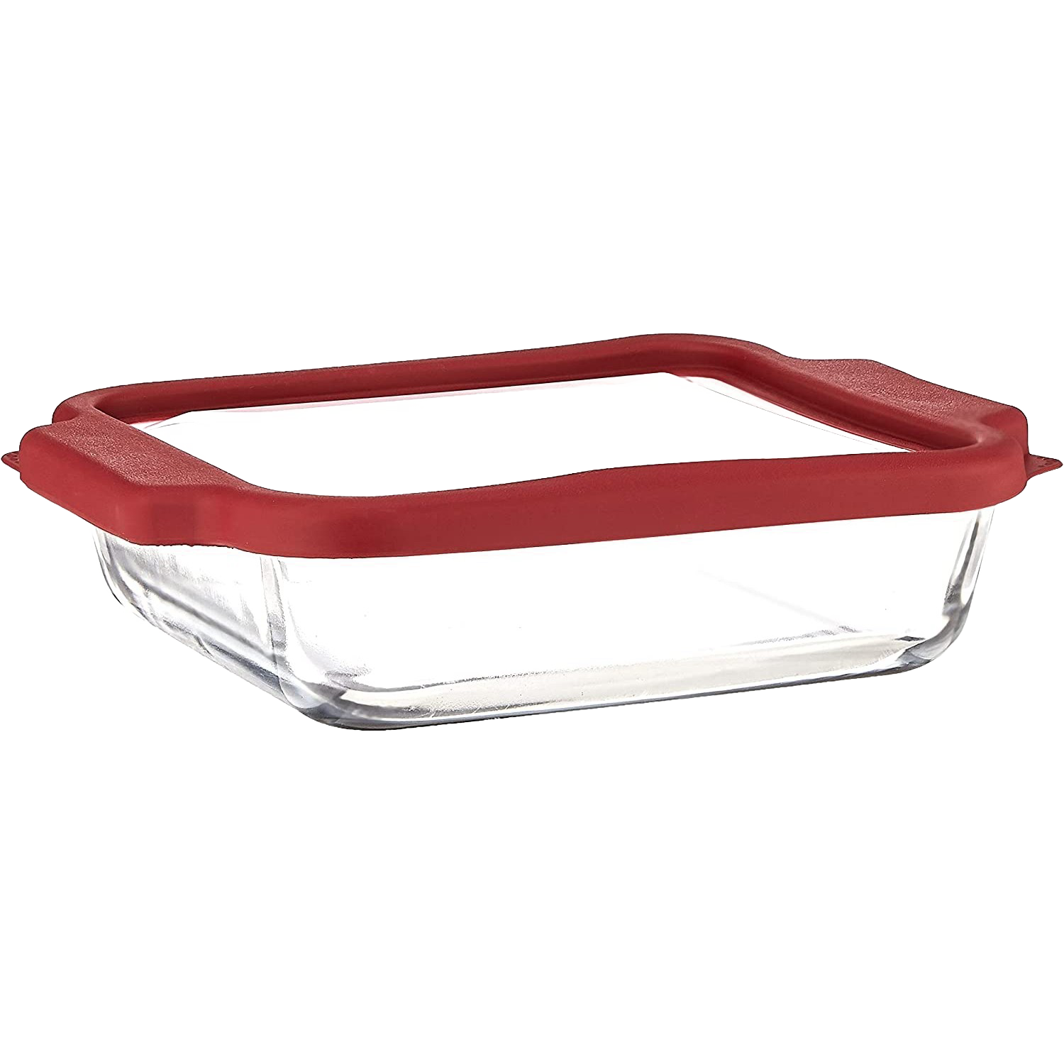 Clear glass bakeware dish with snug-fitting red plastic lid for kitchenware and bakeware storage under $50 collection