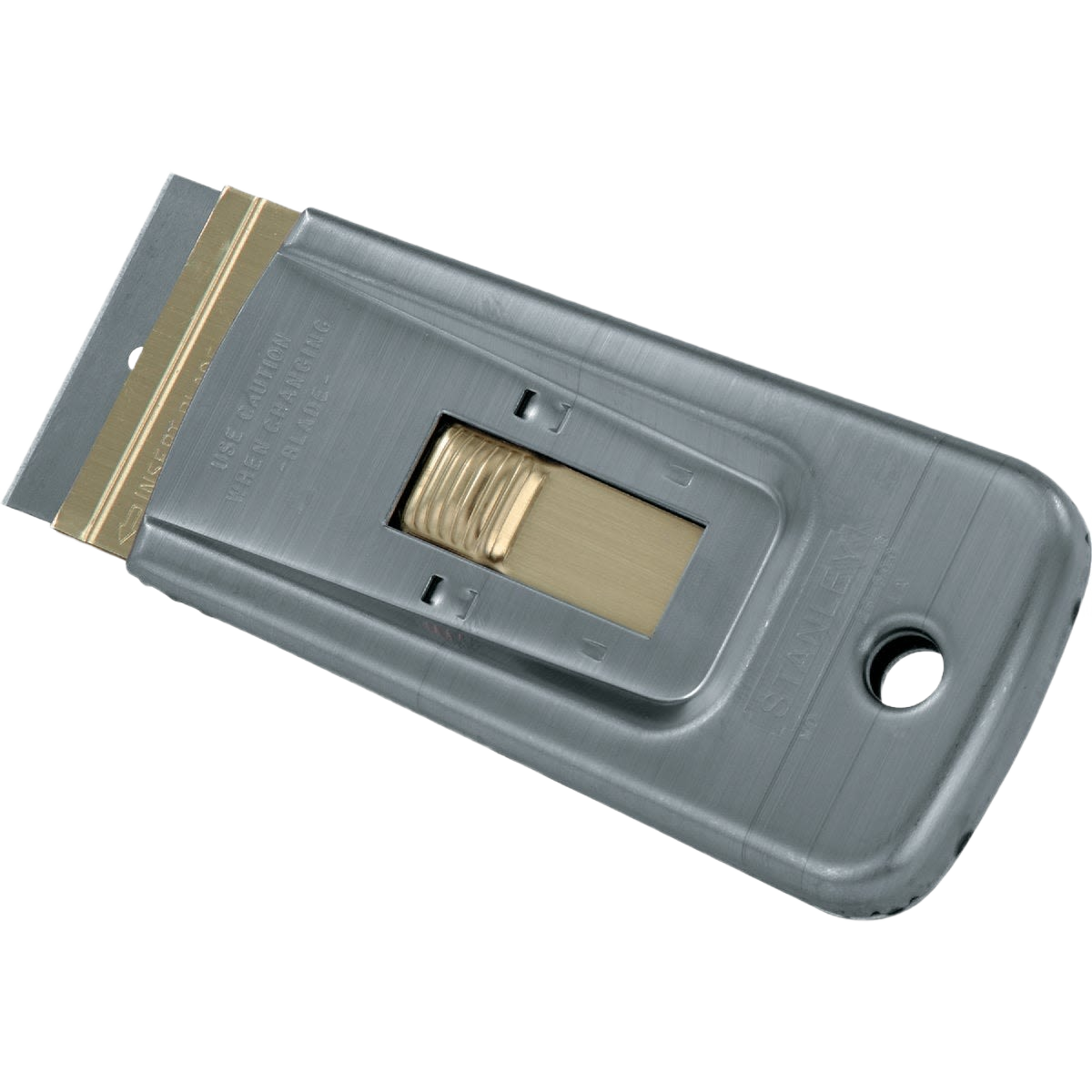Metal retractable razor scraper with brass slider and hole for easy grip in home improvement tasks