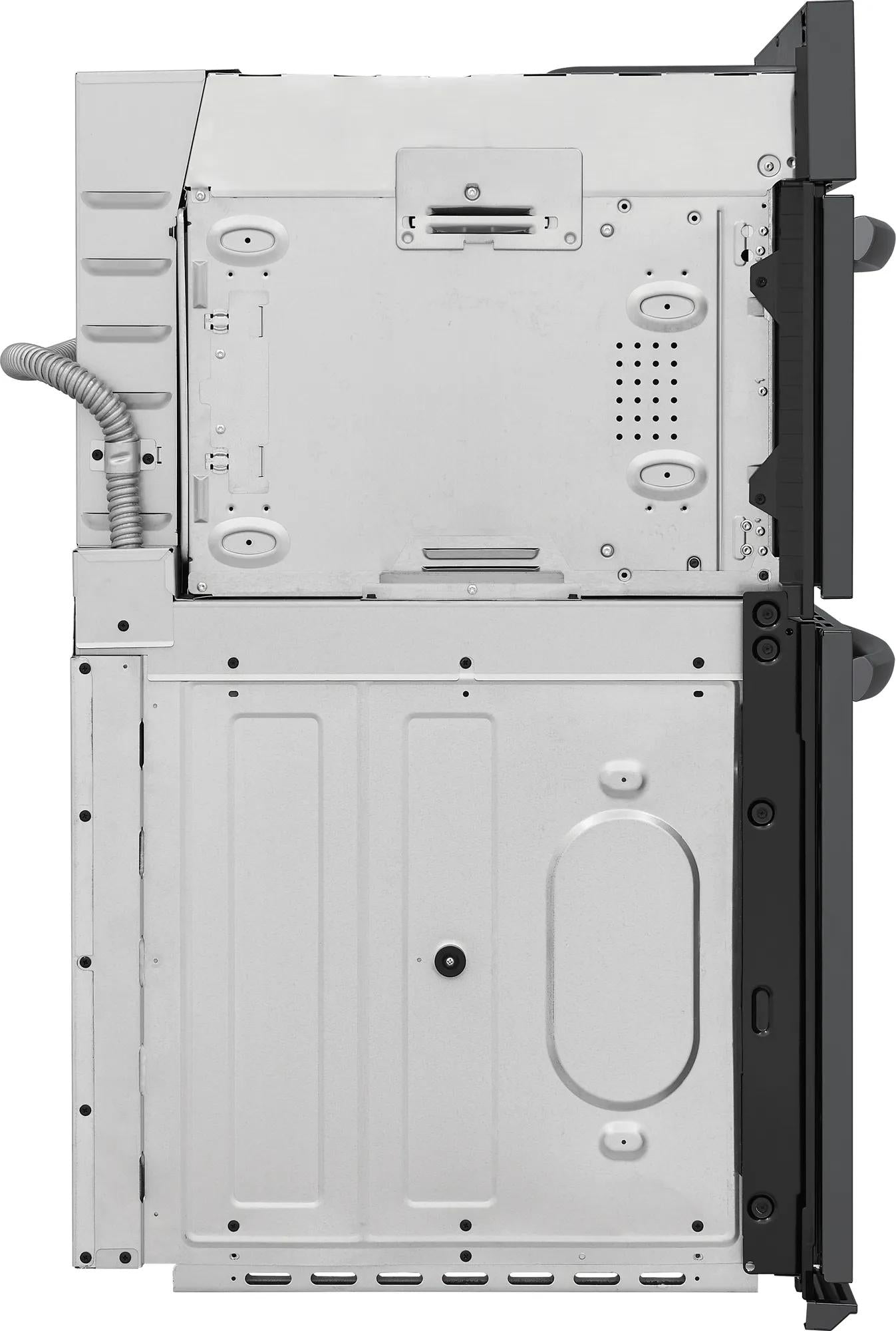 Side view of a metal electric wall oven and microwave combo showcasing installation and ventilation features for home improvement appliances