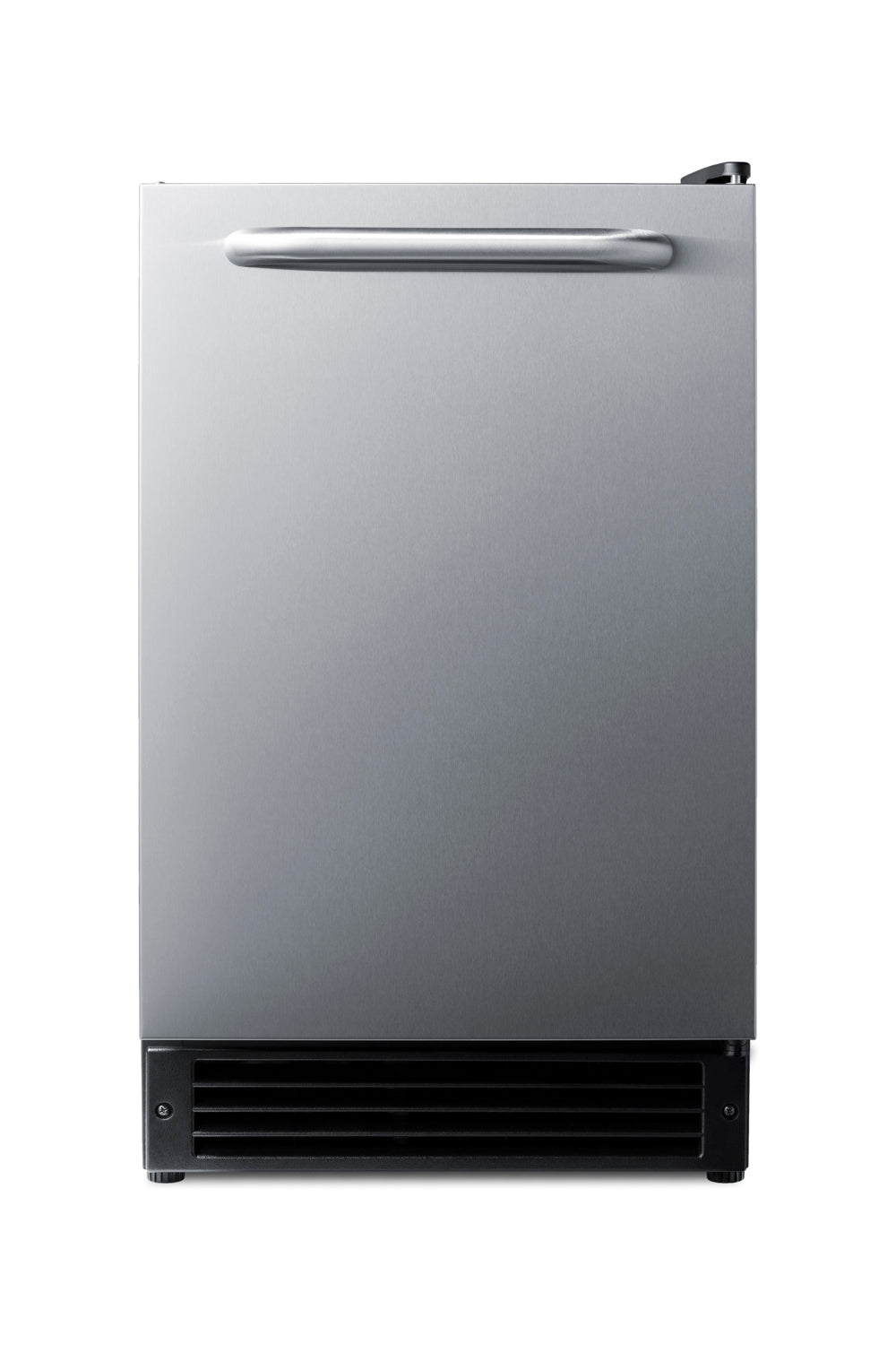 Stainless steel built-in icemaker with front ventilation grille and horizontal handle in kitchen appliances collection