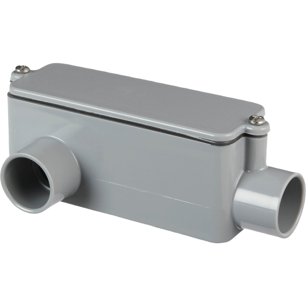 Gray PVC conduit access fitting with threaded cover and side openings for electrical and home improvement use