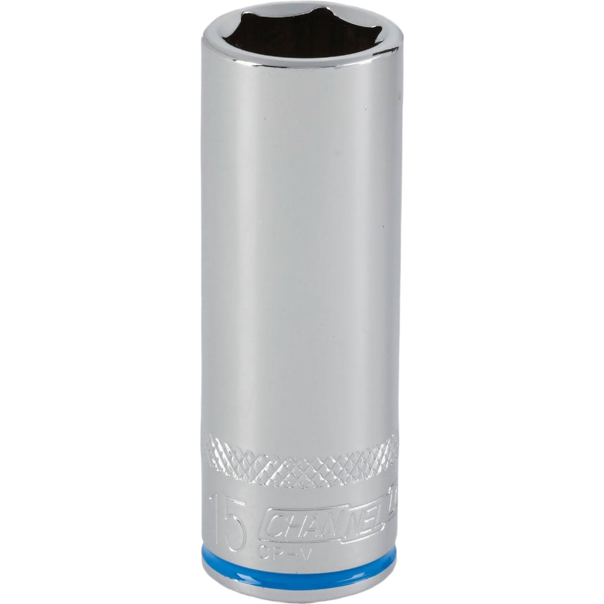 Polished metal 15mm 6-point deep metric socket with textured grip band for hand tools and woodworking collections under $50