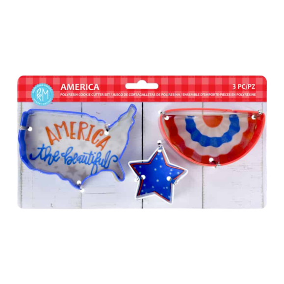Set of three patriotic polyresin cookie cutters shaped like US map, star, and festive bunting for kitchen gadgets collection