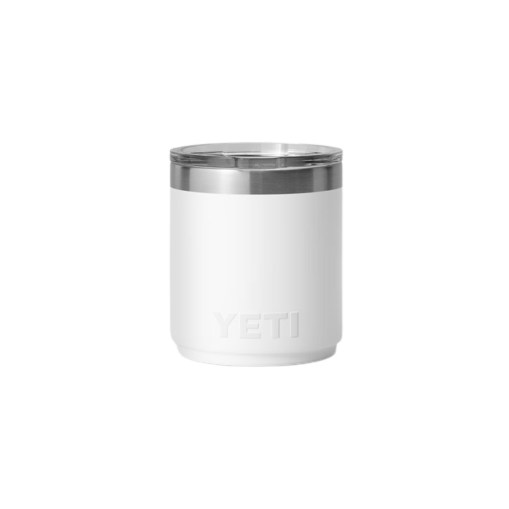 White insulated 10 oz lowball tumbler with stainless steel rim and clear spill-resistant lid for kitchenware under $100
