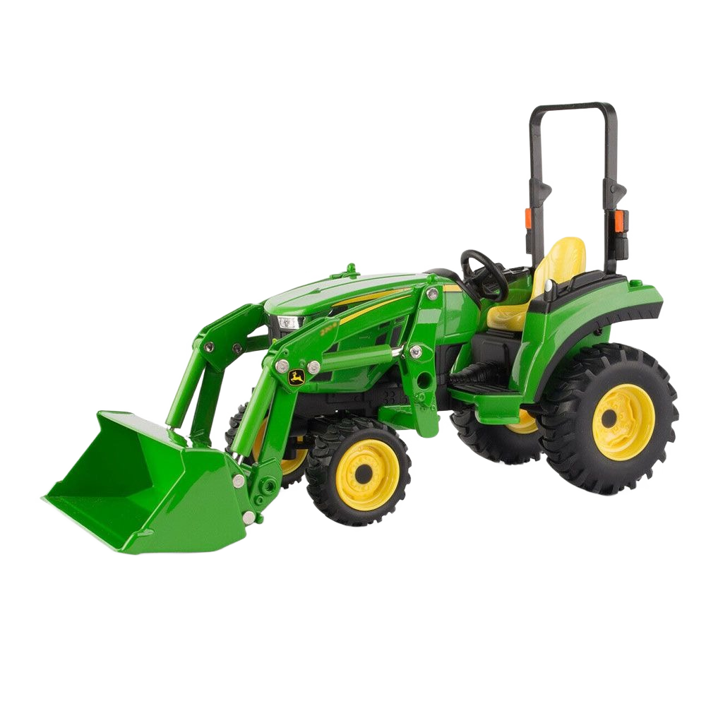 Green and yellow toy tractor with front loader and detailed wheels for realistic play and display