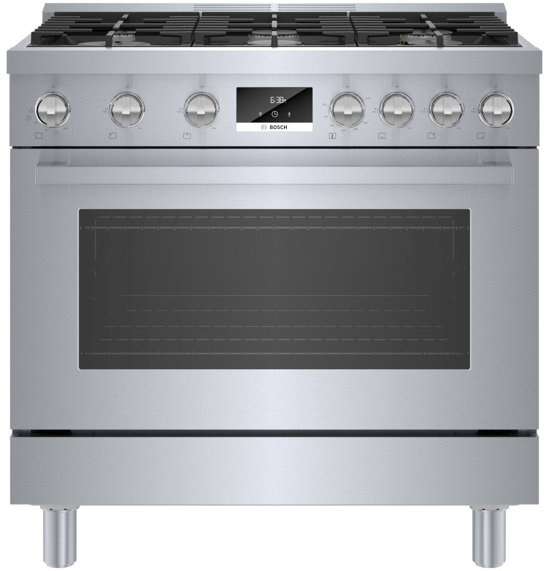 Stainless steel 36-inch dual fuel freestanding range with metal knobs and digital display from Bosch Ranges collection