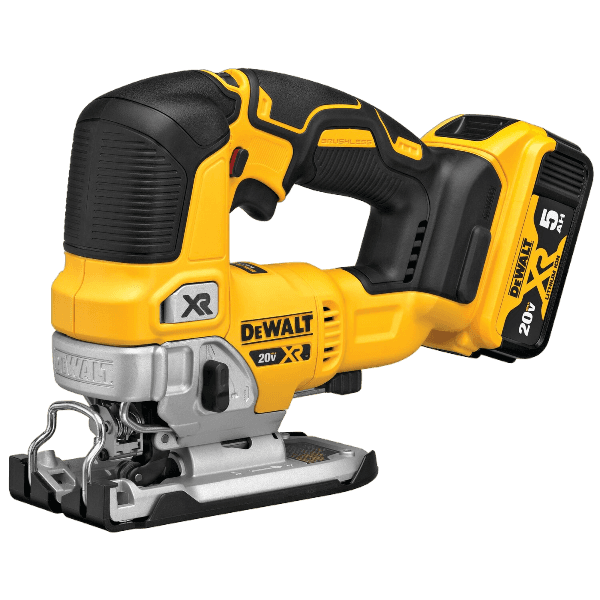 Yellow and black cordless jigsaw with rechargeable battery pack and ergonomic grip for tools and home improvement tasks