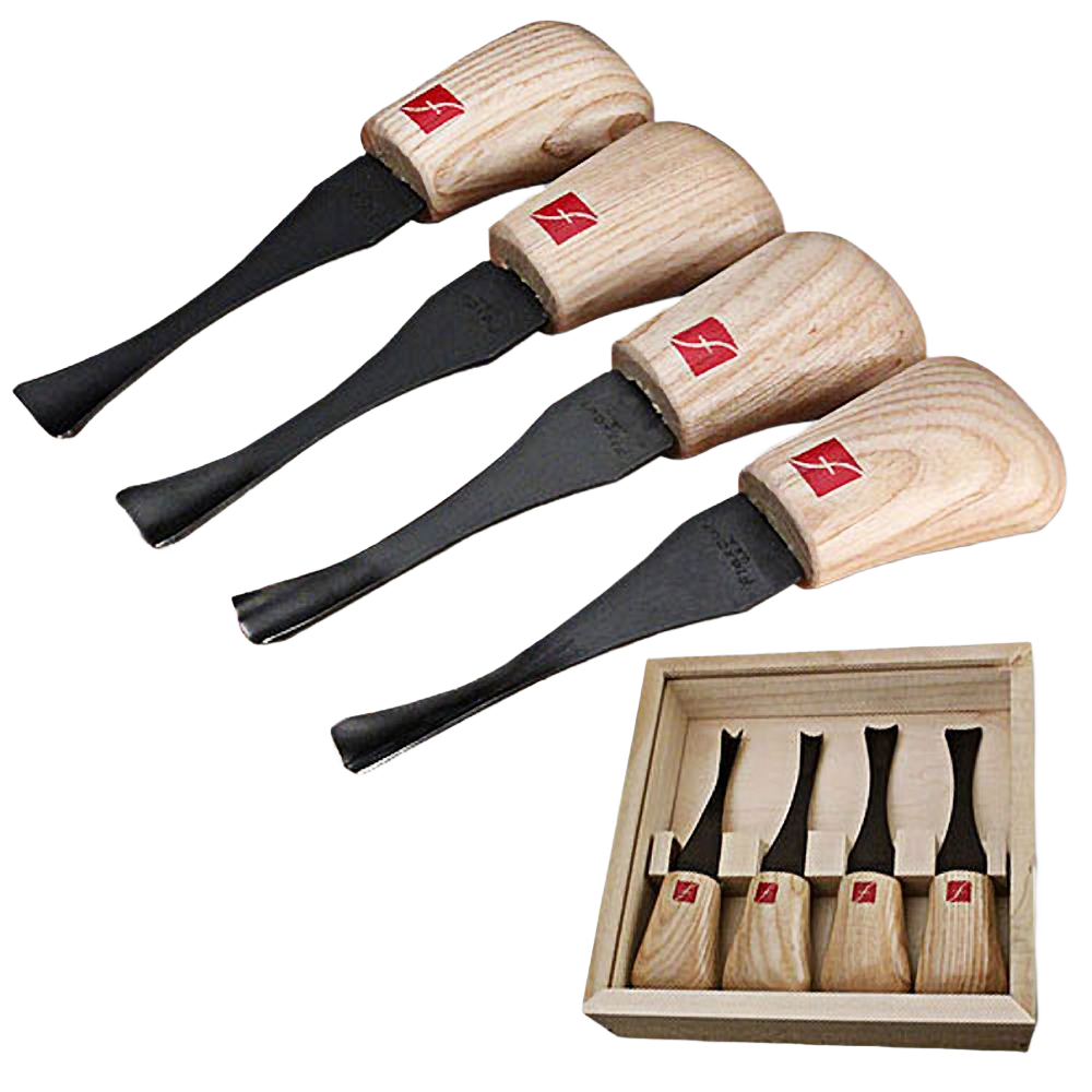 Set of four palm-sized woodworking carving tools with wooden handles and curved steel blades in a wooden box