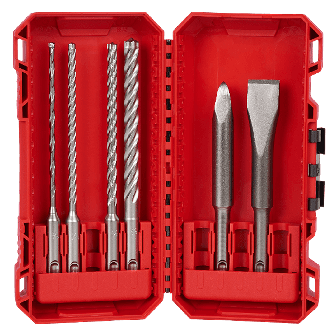 Red plastic case with six metal SDS Plus drill and chisel bits for durable home improvement and construction tasks