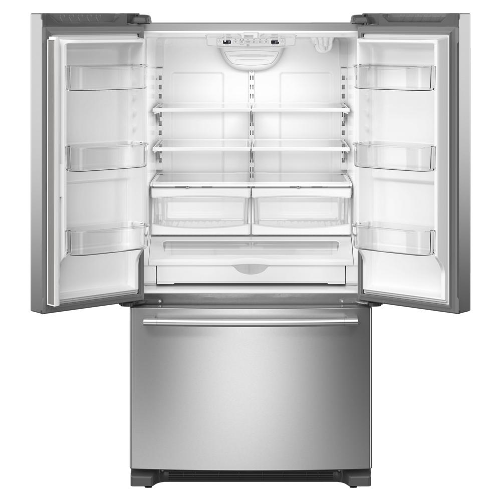 Open stainless steel French door bottom freezer refrigerator interior with adjustable shelving and clear bins for kitchen appliances and home improvement.