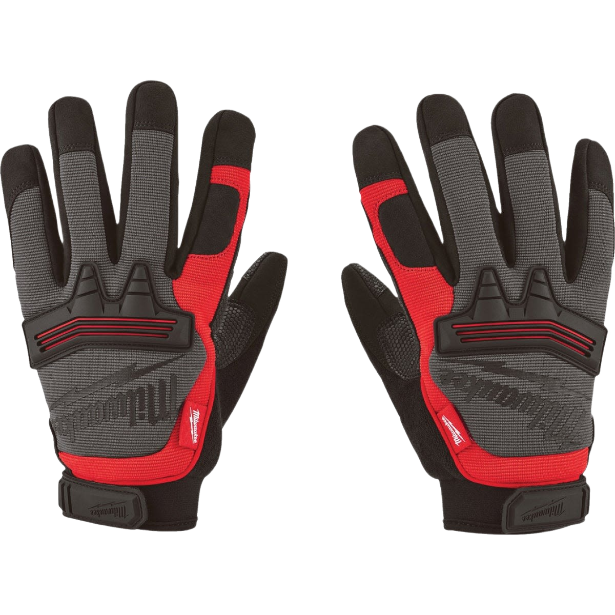 Pair of large gray and red demolition work gloves designed for safety and durability in hardware and PPE collections