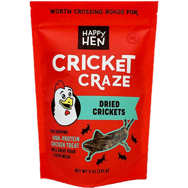 Red resealable bag of dried cricket chicken treats with high-protein snack for farm animal and poultry care