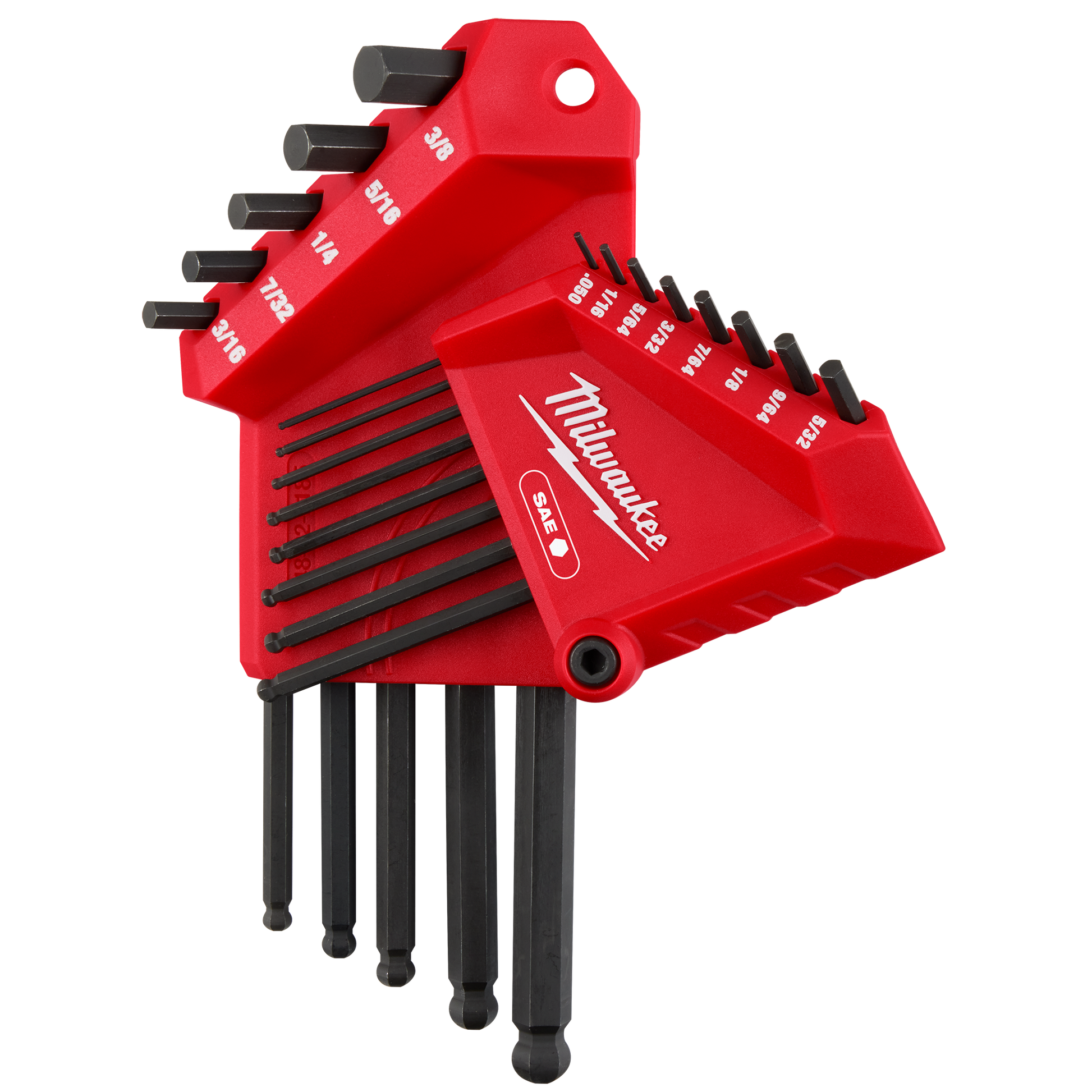 Compact red holder with black ball end L-keys in graduated SAE sizes for tools and home improvement use