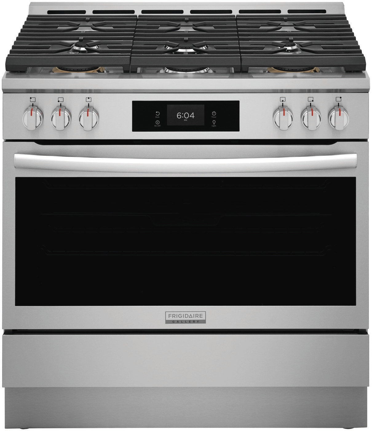 Stainless steel 36-inch gas range with six burners, digital display, and convection oven in Ranges collection