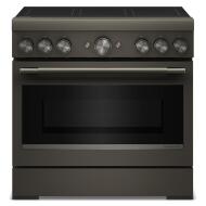 36-inch black freestanding induction range with six elements, control knobs, and a large oven for kitchen use