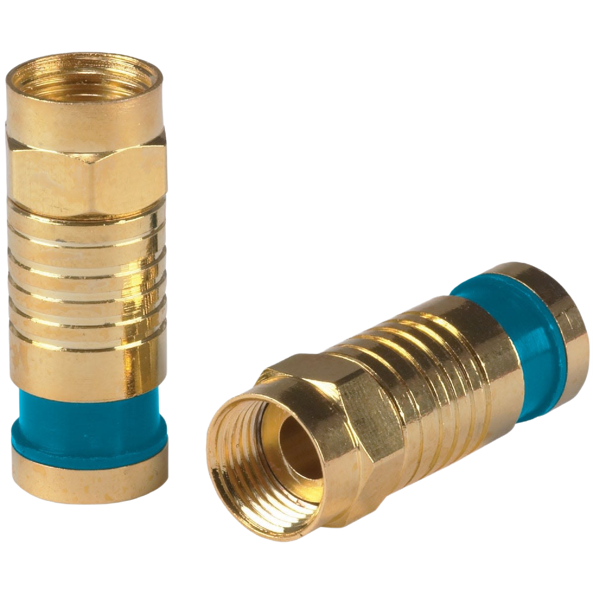 Two brass quad shield connectors with blue ring seals designed for secure cable and home improvement use