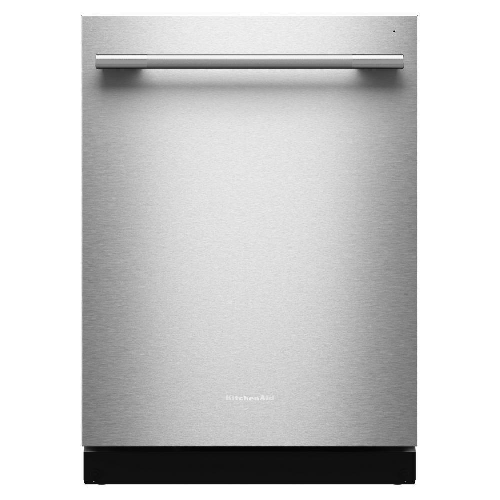 Stainless steel dishwasher with top control and sleek horizontal handle for KitchenAid and home improvement collection