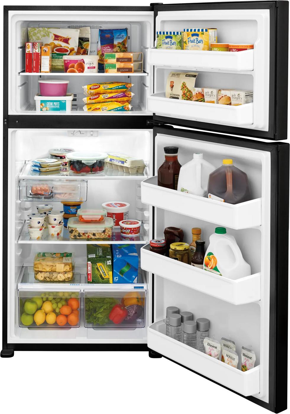 Open 18 cu. ft. black top freezer refrigerator with organized shelves and fresh groceries in appliances collection