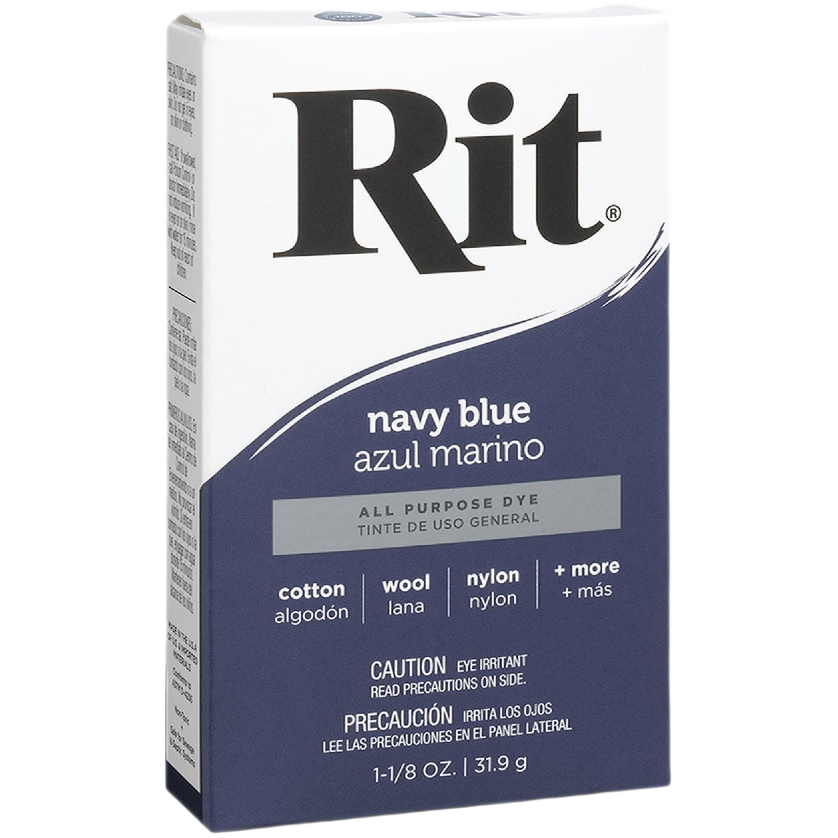 Box of navy blue powder dye for cotton, wool, and nylon fabrics in home improvement and floor care projects