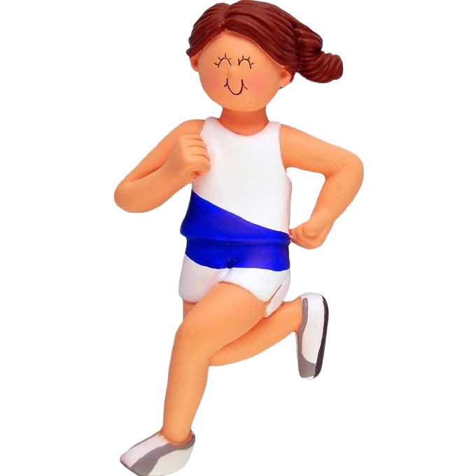 Brunette female runner figurine ornament in white and blue outfit for Christmas Ornaments & Tree Decorations under $50 collection
