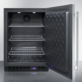 Stainless steel outdoor all-freezer with interior shelving and digital temperature control, ideal for kitchen and appliance use