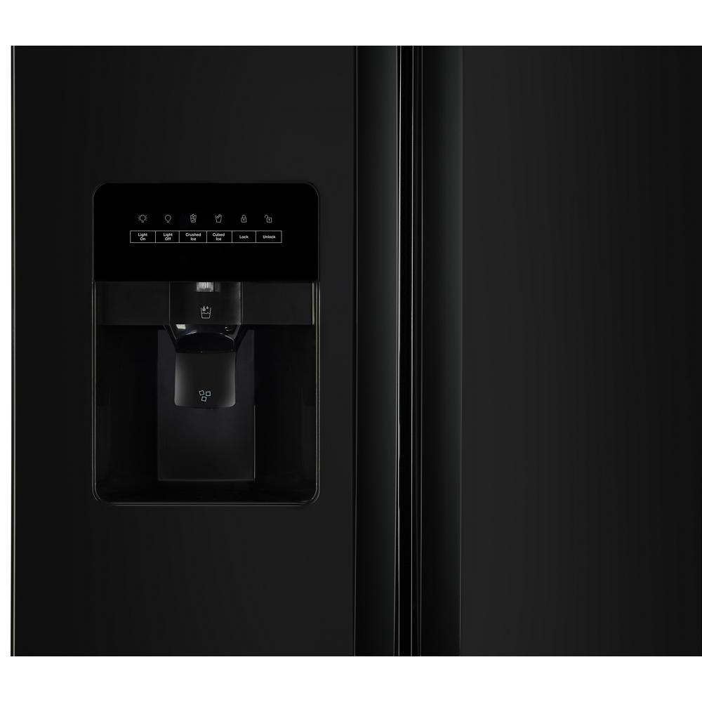 Close-up of black side-by-side refrigerator door with built-in ice and water dispenser in kitchen appliances collection