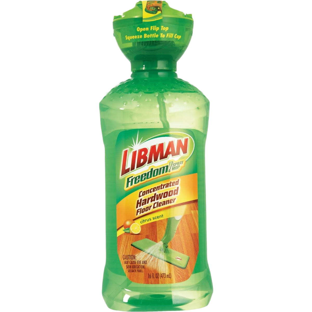 Green plastic bottle of concentrated hardwood floor cleaner with citrus scent for mops and floor care solutions