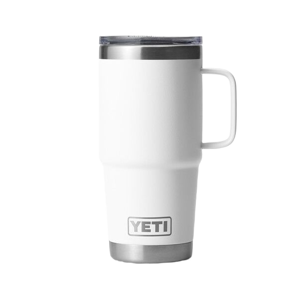 White 20 oz. insulated YETI Rambler travel mug with handle and clear Stronghold lid, durable kitchen and drinkware collection