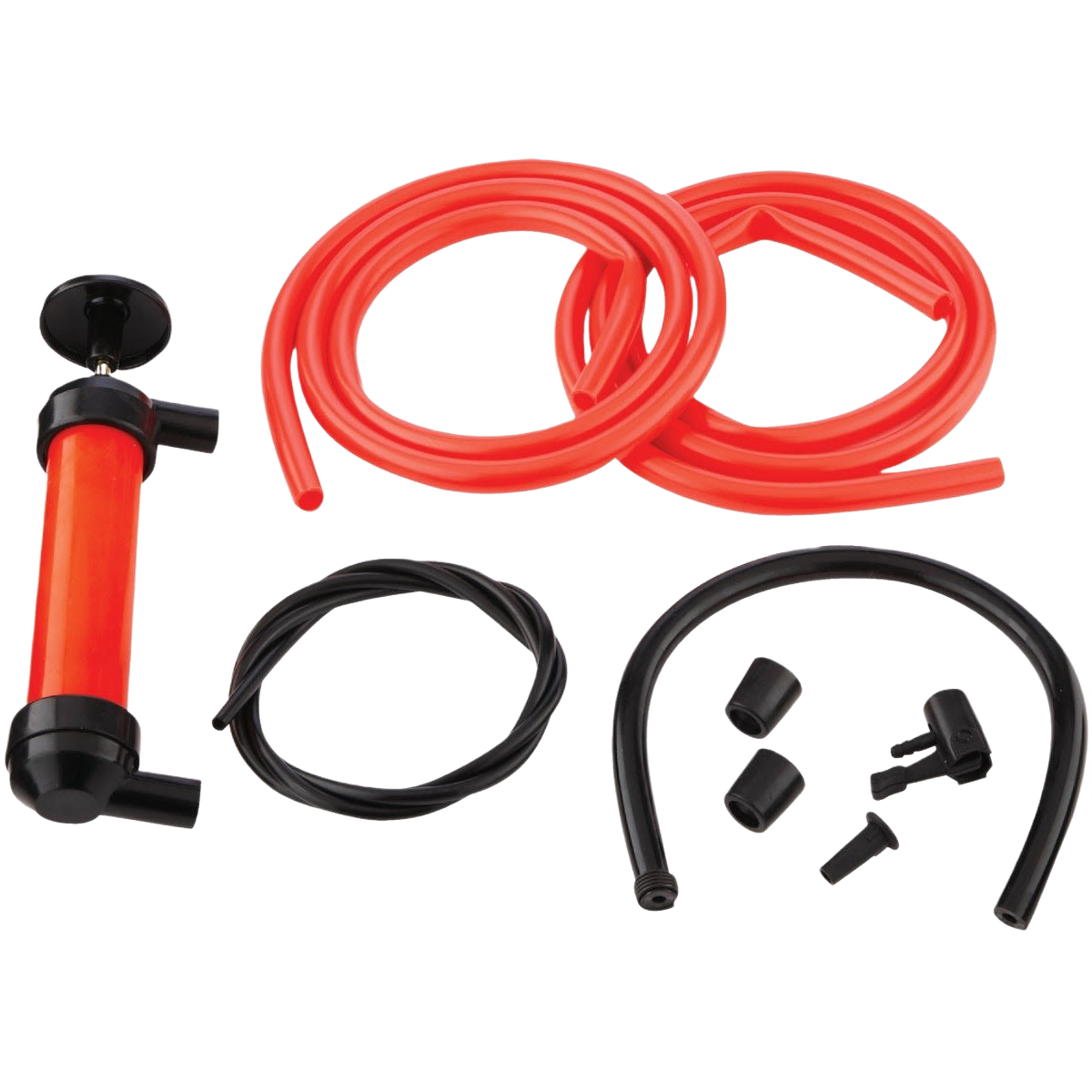 Red and black siphon pump with flexible tubing and connectors for fluid transfer in tools and home improvement tasks