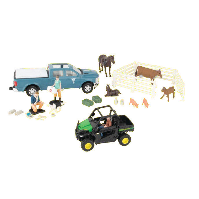 Detailed playset with veterinarian tools, farm animals, vehicles, and fencing, ideal for kids in toys and games collections.