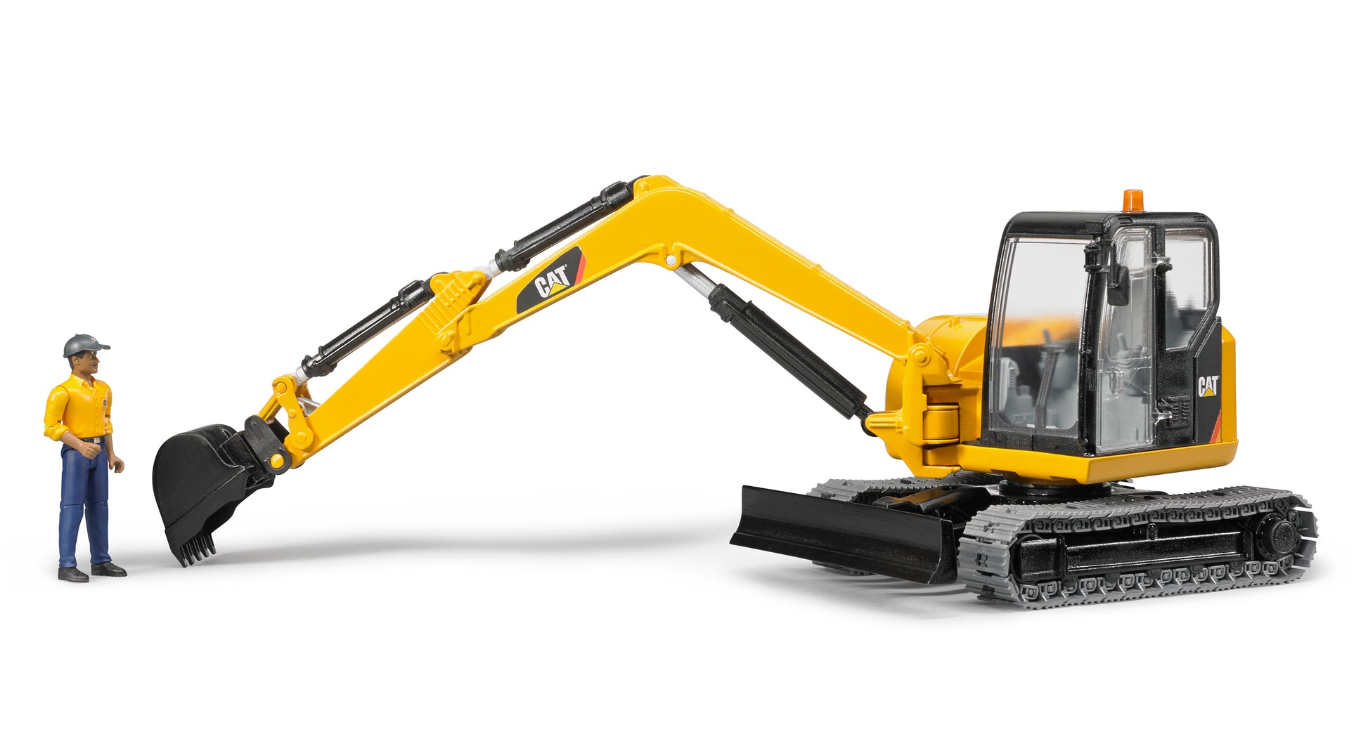Yellow mini excavator toy with articulated arm and worker figure for construction play activities