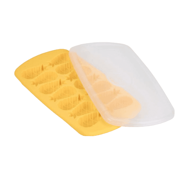 Yellow pineapple-shaped silicone ice cube tray with translucent lid for home use and ice making.