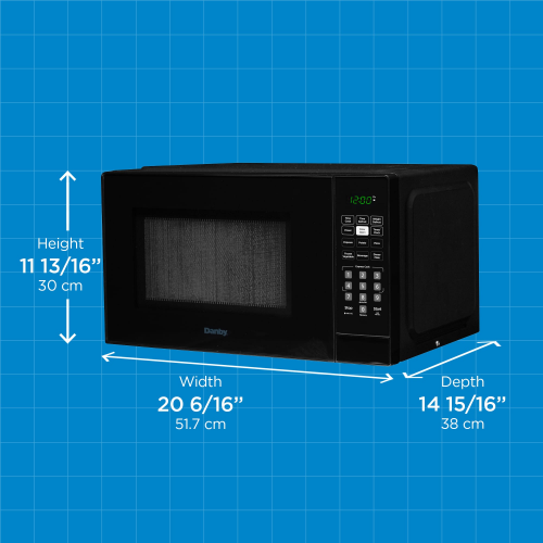 Black countertop microwave with digital control panel and green LED clock display in kitchen appliances collection