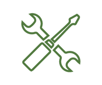 Green line art of a crossed wrench and screwdriver, symbolizing tools and home improvement accessories.