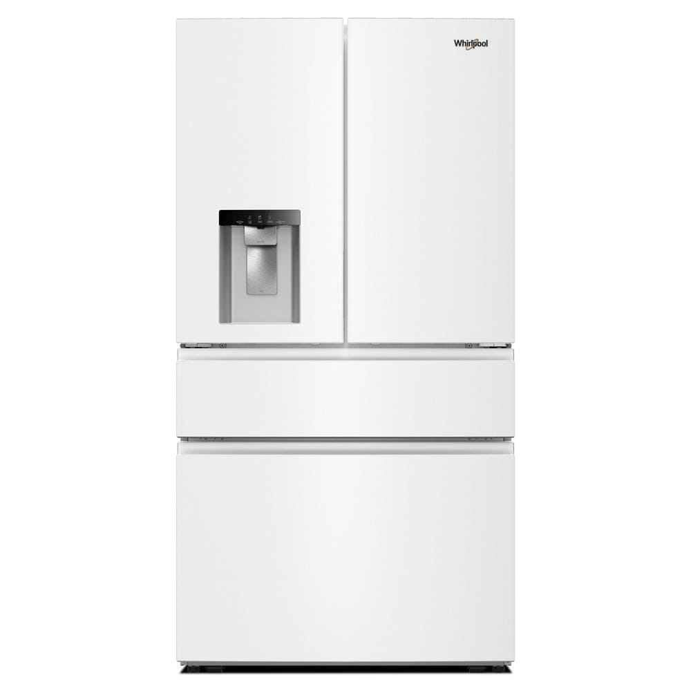 White French door refrigerator with in-door water dispenser and spacious flexible temperature drawer in kitchen appliance collections