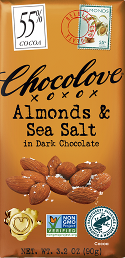 Packaging of chocolatove dark chocolate bar with almonds, sea salt, and 55% cocoa for chocolates and candies collection