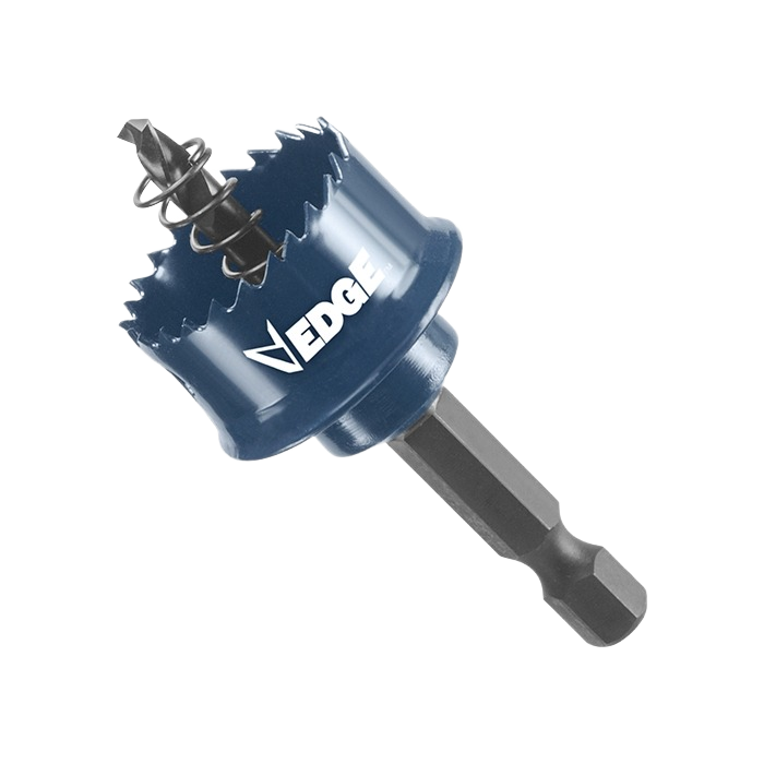 Blue Impact Tough hole saw with sharp teeth and pilot drill bit for woodworking tools and home improvement.