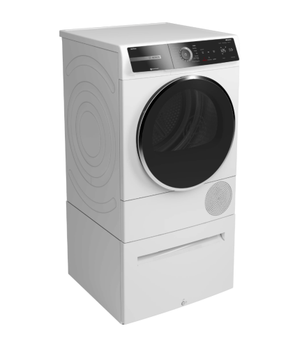 White front-load heat pump dryer with round black door and digital control panel from Bosch appliances collection