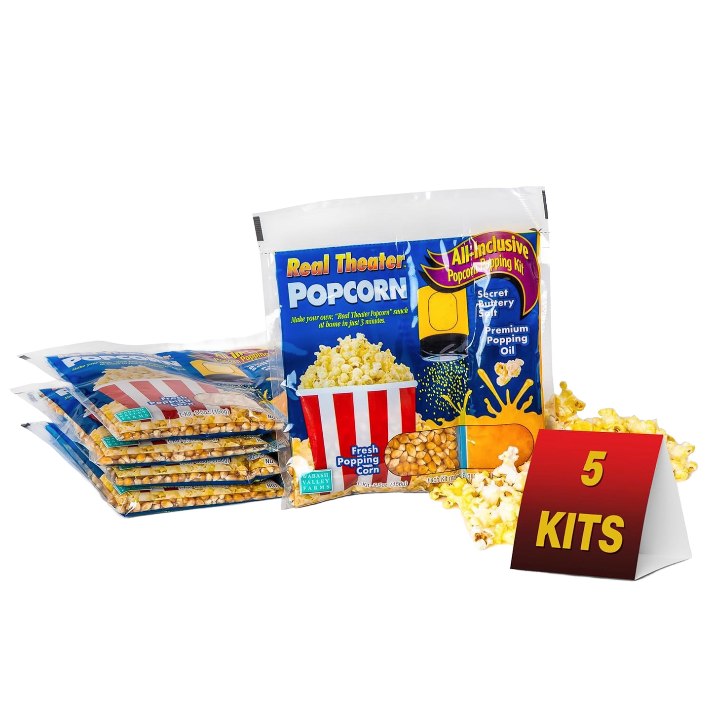 Five-pack popcorn kit with popping corn, oil, and seasoning, part of chips & snacks and food & beverage collections under $50