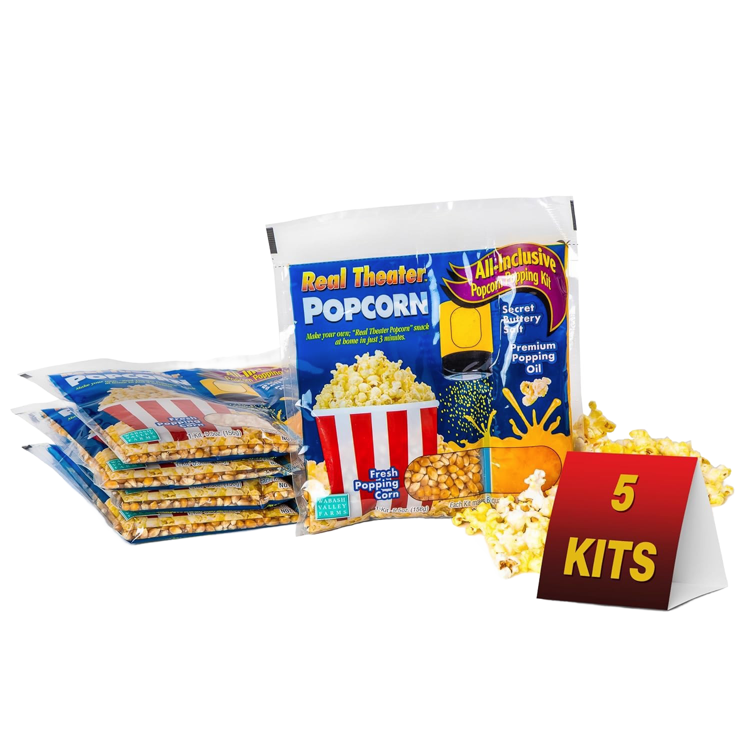 Five-pack popcorn kit with popping corn, oil, and seasoning, part of chips & snacks and food & beverage collections under $50