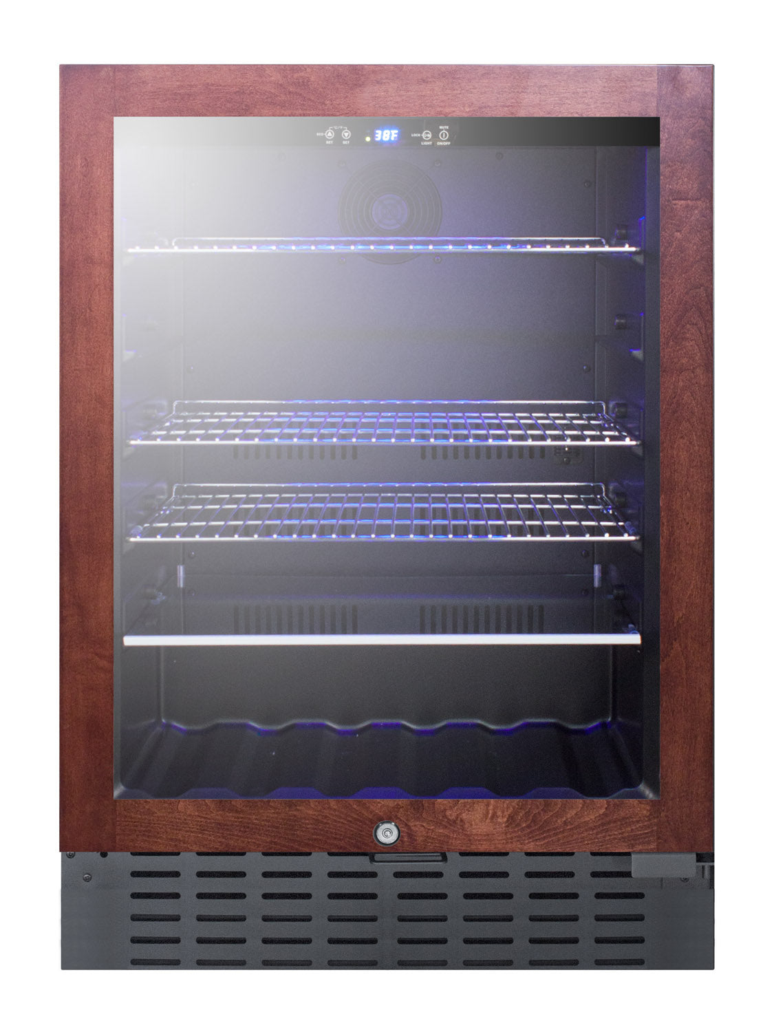 Built-in beverage cooler with wood frame and glass door featuring adjustable wire shelving in Refrigerators and Kitchen collections
