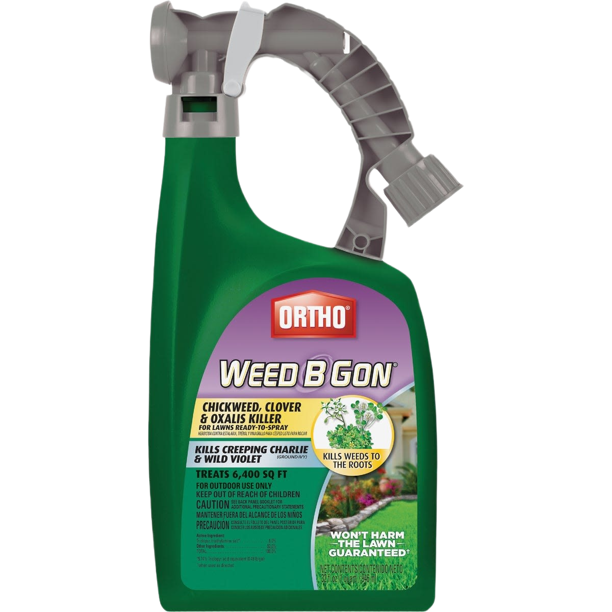 Green spray bottle of Ortho Weed B Gon formulated to control chickweed, clover, and oxalis in lawn care under $50 collections